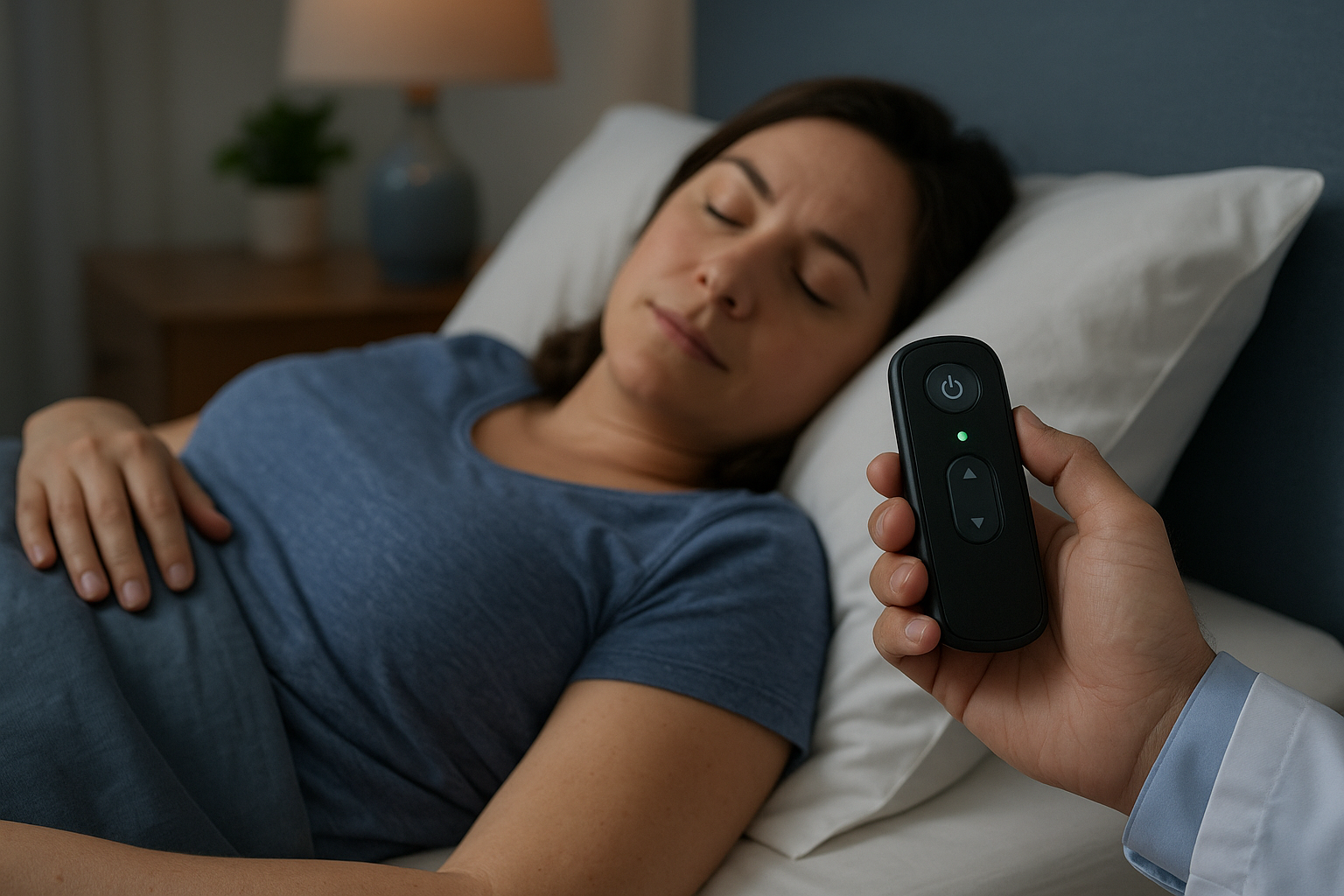 A woman sleeping peacefully in bed while a doctor holds an Inspire sleep apnea therapy remote beside her. The room has soft lighting and calm blue tones, emphasizing comfort and effective treatment.
